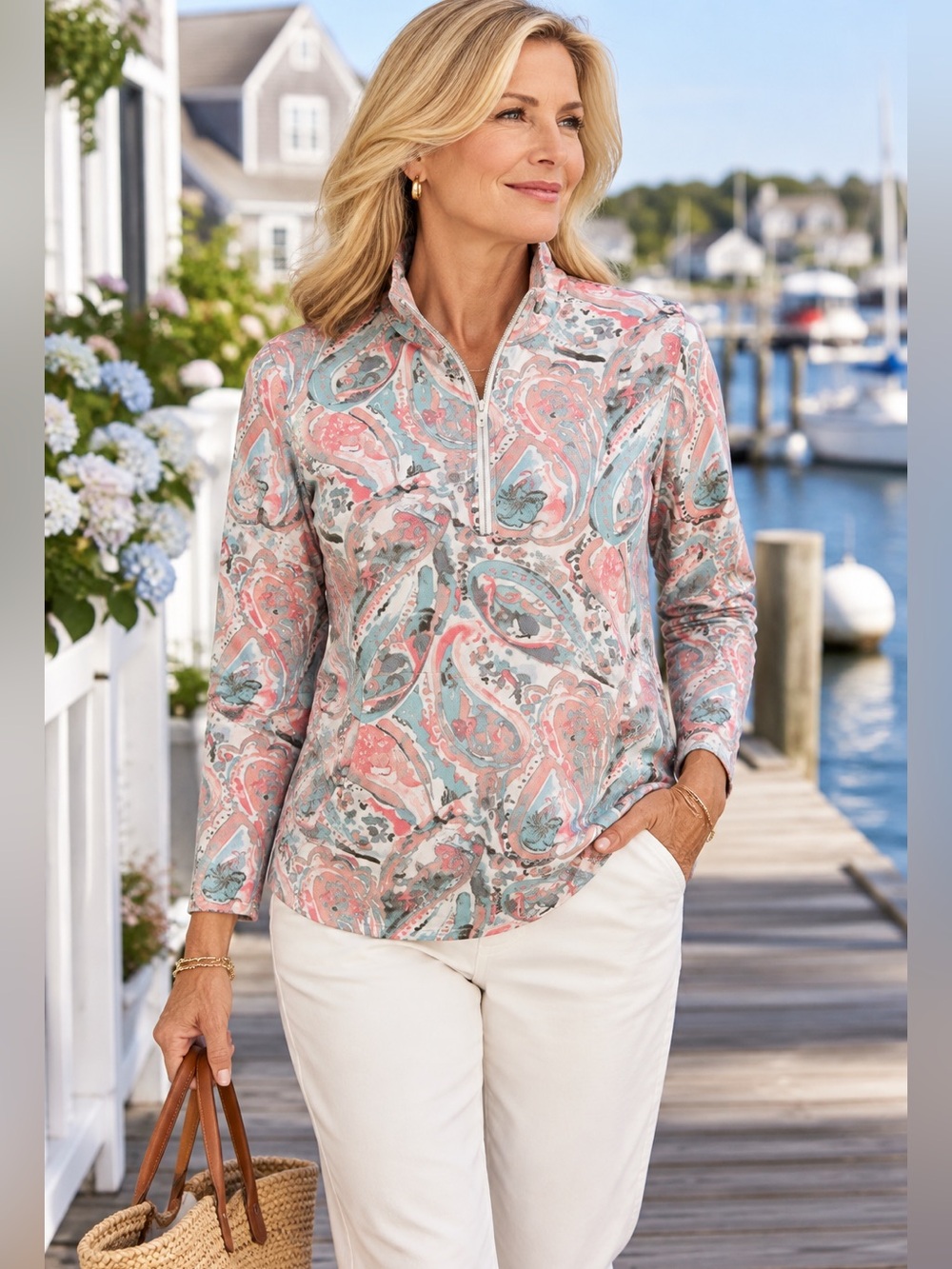 T by Talbots XS Watercolor Paisley Half Zip Mock Neck Pullover Pink Teal